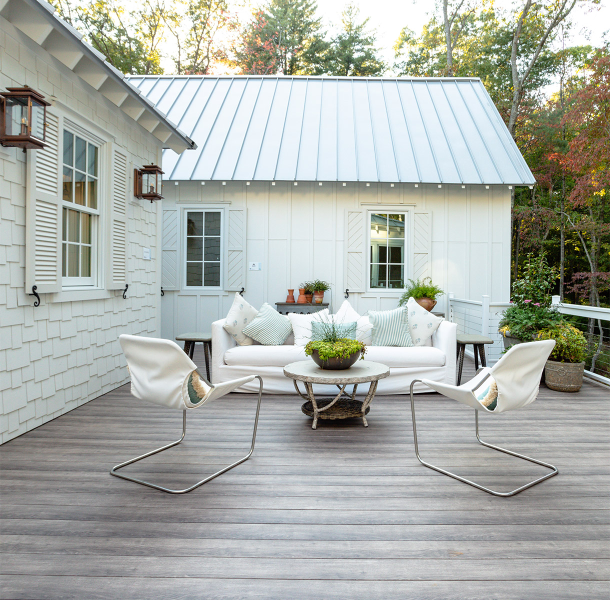 Wooden deck on a white house