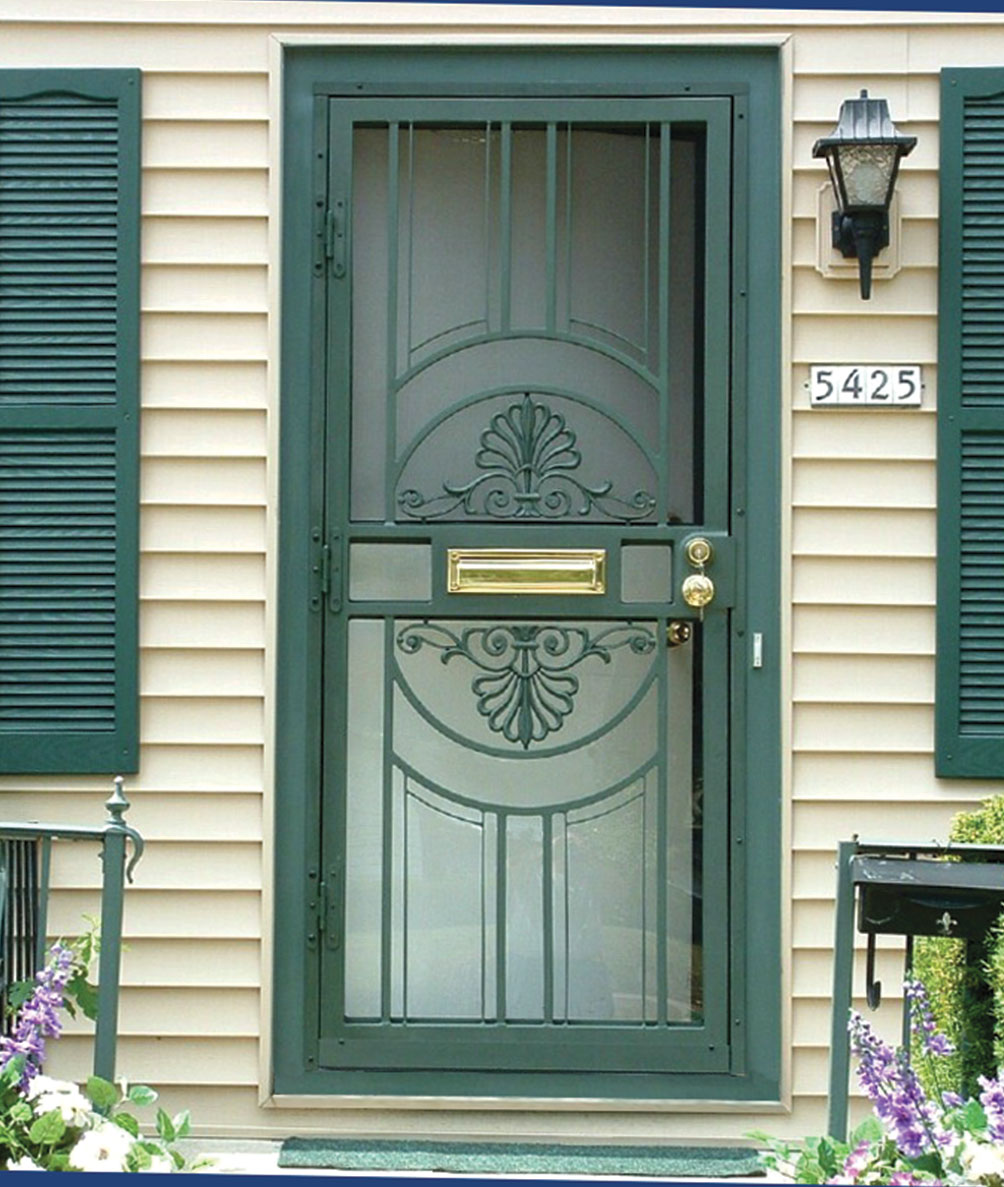 Front door with green security door.