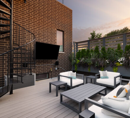 Elmhurst,,Il,,Usa,-,July,20,,2021:,A,Beautiful,Patio Beautiful patio deck on a brick home