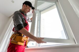 Worker installing kitchen window
