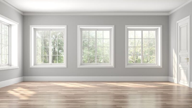 Three white framed windows in gray room