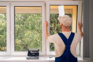 Technician installing new window in home