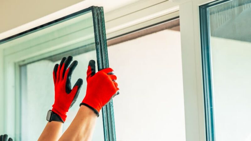 Gloved hands installing new window in residential home